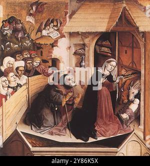 MULTSCHER, Hans (*ca. 1400, Reichenhofen/Allgau, d. 1467, Ulm) die Geburt Christi 1437-Tafel, 148 x 140 cm staatliche Museen, Berlin die Szenen aus dem Leben der Jungfrau, dargestellt auf den Flügelinnenseiten, beginnen mit der Geburt Christi. Maria und Josef verehren das Kind im Stall, während draußen auf den Feldern die Engel den Hirten die Geburt des Herrn verkünden. Voller Neugierde schauen eine Menge Männer und Frauen hinter dem Holzzaun des Stalls zu. Die nächste Szene zeigt die Anbetung der drei Weisen, die dem Star gefolgt waren, um dem Kind Gold, fra, anzubieten Stockfoto