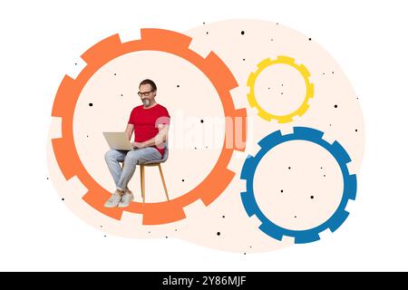 Kunstwerk-Poster-Collage-Bild eines älteren erfolgreichen Mannes, der mit einem modernen Gerät arbeitet, isoliert auf kreativem Zeichenhintergrund Stockfoto
