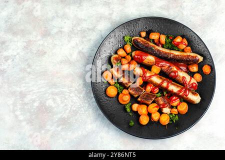 Gegrillte putenwürste mit gerösteten Karotten auf dem Teller. Bratwürste vom Grill. Kopierbereich. Stockfoto