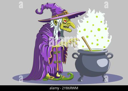 Eine alte Hexe, die einen Zauber in einen Hut wirft und einen Kessel umhüllt Stock Vektor