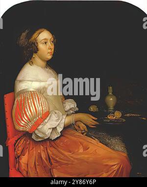 NEER, Eglon van der (* 1634, Amsterdam, d. 1703, Düsseldorf) Young Lady at her Breakfast 1665 Öl auf Leinwand Sammlung des Prinzen von Lichtenstein, Vaduz Eglon van der Neer war der Sohn von Aert van der Neer, dem niederländischen Landschaftswissenschaftler in Amsterdam. Eglon ist vor allem für Genrestücke bekannt, die im Stil von Terborch und Metsu entstanden sind. Er führte Terborchs und Metsu-Tradition fort, Innenräume mit Szenen aus dem Leben der wohlhabenden Klassen zu zeigen, und er tat dies effektiv. Die Wiedergabe des Kleides, das die Frau beim Frühstück trägt, ist von Terborchs Darstellungen dieser Art inspiriert und konkurriert mit ihnen Stockfoto