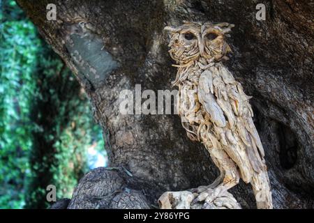 Niedliche Teddybären, eine heitere Holzfigur inmitten lebendiger Blüten und eine fesselnde Eulenskulptur aus der Natur – jedes Stück vereint Kunst und Charme Stockfoto