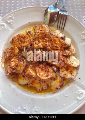 Gekochte Kraken-Tentakeln, heiß mit Olivenöl, Salz und Paprika auf einem Bett mit gekochten Kartoffeln serviert Pulpo a la gallega traditionelles galizisches Gericht Stockfoto