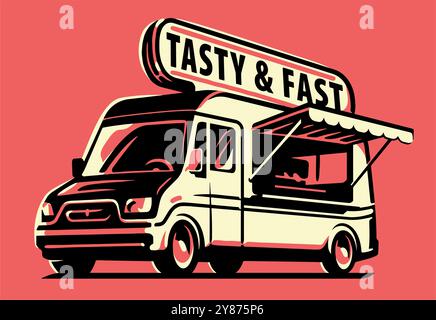 Food Truck. Straßenrestaurant oder Café-Wagen. Handgezeichnete Vektorgrafik Stock Vektor