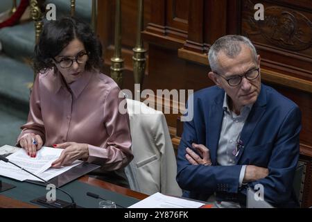 Brüssel, Belgien Oktober 2024. Die scheidende Außenministerin Hadja Lahbib und der scheidende Vize-Premierminister und Minister für öffentliche Gesundheit und Soziales Frank Vandenbroucke wurden im Rahmen einer Plenarsitzung im Bundesparlament am Donnerstag, den 03. Oktober 2024 in Brüssel dargestellt. BELGA FOTO NICOLAS MAETERLINCK Credit: Belga News Agency/Alamy Live News Stockfoto