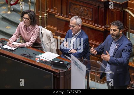 Brüssel, Belgien Oktober 2024. Die scheidende Außenministerin Hadja Lahbib, der scheidende Vize-Premierminister und der Minister für öffentliche Gesundheit und Soziales Frank Vandenbroucke und Nabil Boukili DER PVDA/PTB, die während einer Plenarsitzung der Kammer im Bundesparlament in Brüssel am Donnerstag, den 03. Oktober 2024, zu sehen waren. BELGA FOTO NICOLAS MAETERLINCK Credit: Belga News Agency/Alamy Live News Stockfoto