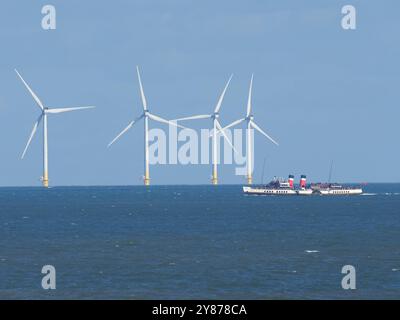 Warden Bay, Kent, Großbritannien. Oktober 2024. Der letzte Raddampfer der Welt, Waverley, hat heute Nachmittag die Windfarm Kentish Flats in der Themse vor der Warden Bay in Kent gesehen. Quelle: James Bell/Alamy Live News Stockfoto