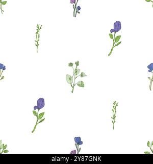 Nahtloses Blumenmuster mit wunderschönen rosa lila und blauen Blüten. Skizzierte Vektordarstellung Stock Vektor