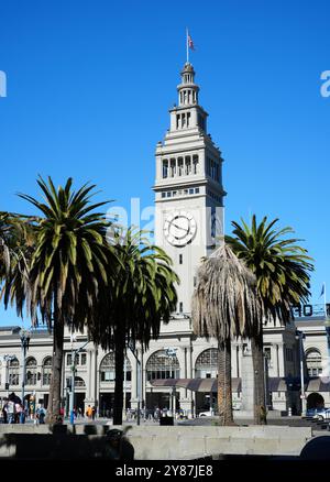 Der Uhrenturm des Ferry Terminal mit Palmen im Vordergrund. Stockfoto