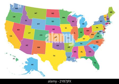 Die Vereinigten Staaten von Amerika, mehrfarbige politische Karte mit den Silhouetten von 50 staaten und postalischen Abkürzungen und mit District of Columbia. Stockfoto