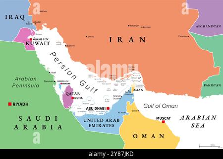 Persischer Golf, mehrfarbige politische Karte. Arabischer Golf, ein Meer in Westasien, zwischen dem Iran und der Arabischen Halbinsel. Stockfoto