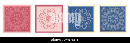 Set aus rosafarbenen und blauen Tüchern oder Bandanas mit Paisley-Mandala-Mustern und Blumenelementen Stock Vektor