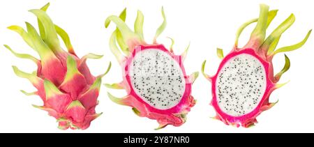 Set von Drachenfrüchten isoliert auf weißem Hintergrund. Stockfoto