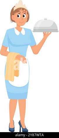 Zeichentrickfigur der Kellnerin. Frau, die Essen im Tablett serviert Stock Vektor