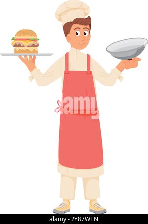 Koch kocht Burger. Restaurantarbeiter-Cartoon-Figur Stock Vektor