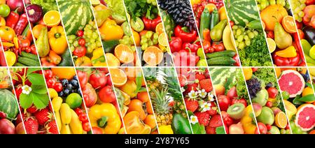 Obst, Gemüse und Beeren durch schräge Linien getrennt. Großer Hintergrund. Stockfoto