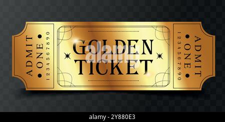 Design der Golden Ticket-Vorlage auf dunklem Hintergrund. Geeignet für Festival, Kino, Theater, Konzert, Casino, Zirkus, Eintrittskarten für Veranstaltungen. Vektorillustraten Stock Vektor