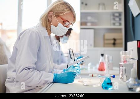 Seitenansicht einer Biochemikerin in Schutzmaske, die durch Vergrößerungsglas Bakterien auf einer Petrischale untersucht, während sie mit Pipette am Tisch im Labor arbeitet, Kopierraum Stockfoto