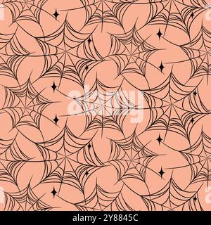 Nahtloses Halloween-Spinnennetz. Korallenorangefarbener Hintergrund und schwarzes Spinnennetz. Unendlicher Vektorhintergrund mit Tileable. Stock Vektor