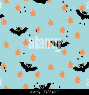 Halloween nahtloses Muster mit niedlichen schwarzen gruseligen Fledermäusen und orangen Geistern auf blauem Hintergrund. Stock Vektor