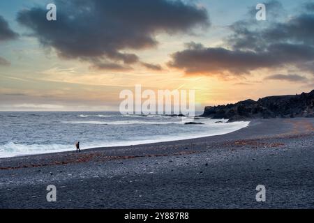 Majestätischer Black Pebble Beach mit rauschenden Wellen in Island – dramatische Küstenlandschaft mit zerklüfteten Felsformationen und stürmischem Himmel, die die Natur einfangen Stockfoto