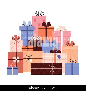 Ein Berg von Geschenken. Viele Geschenkboxen. Großer Stapel weihnachtsgeschenke. Dekorative, stilvolle Geschenkverpackung auf Boxen mit Bändern und Schleifen. Stock Vektor