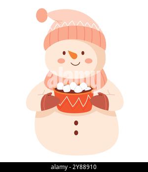 Ein Schneemann mit Hut und Fäustlingen trinkt Kakao mit Marshmallows. Glücklicher Winter-Schneemann mit Hut Stock Vektor