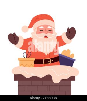Weihnachtsmann mit Geschenken im Kamin. Sack voller Geschenke im Kamin auf dem Dach Stock Vektor