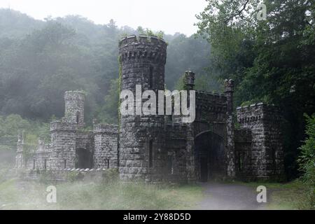 Verlassene Ballysaggartmore Towers umgeben von Misty Woodland in Lismore, Irland – historische Architektur in einer mystischen irischen Landschaft Stockfoto