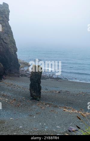 Die zerklüftete, dramatische Küste des Strandes Trá-na-mBó in der Nähe von Bunmahon, Irland, nimmt unter dem Deckmantel des dichten Nebels ein unübertroffenes Aussehen an. Die Zacke Stockfoto