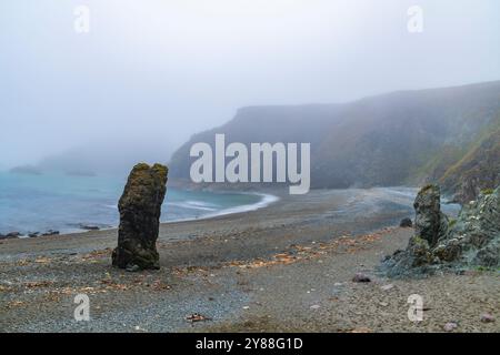 Wilder und geheimnisvoller Strand Trá-na-mBó, Bunmahon, Irland – die felsige Küste in Fog and Mist sorgt für eine unüberirdische Atmosphäre Stockfoto