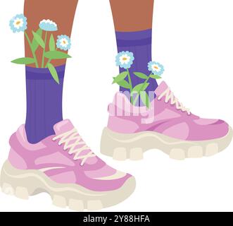 Frühlingsbeine mit frischen Blumen in pinken Sneakers isoliert auf weißem Hintergrund Stock Vektor