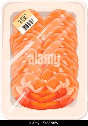 Garnelen in Plastikfolie. Cartoon Supermarkt Meeresfrüchte Produkt isoliert auf weißem Hintergrund Stock Vektor