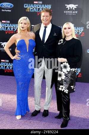 David Hasselhoff, Hayley Hasselhoff und Taylor Ann Hasselhoff bei der Premiere von Guardians of the Galaxy Vol. 2 in Los Angeles, die am 19. April 2017 im Dolby Theatre in Hollywood, USA, stattfand. Stockfoto