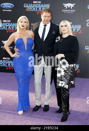 David Hasselhoff, Hayley Hasselhoff und Taylor Ann Hasselhoff bei der Premiere von Guardians of the Galaxy Vol. 2 in Los Angeles, die am 19. April 2017 im Dolby Theatre in Hollywood, USA, stattfand. Stockfoto