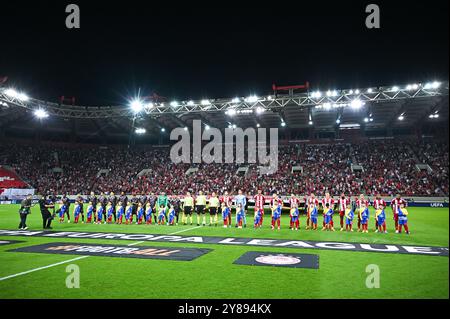 Piräus, Piräus, Griechenland. Oktober 2024. Olympiacos FC und SC Braga im Georgios Karaiskakis Stadion am 3. Oktober 2024 in Piräus, Olympiacos FC und SC Braga. (Kreditbild: © Stefanos Kyriazis/ZUMA Press Wire) NUR REDAKTIONELLE VERWENDUNG! Nicht für kommerzielle ZWECKE! Stockfoto