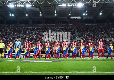 Piräus, Piräus, Griechenland. Oktober 2024. Olympiacos FC während der Europa League, Matchday 2 Spiel zwischen Olympiacos FC und SC Braga im Georgios Karaiskakis Stadion am 3. Oktober 2024 in Piräus, Olympiacos FC. (Kreditbild: © Stefanos Kyriazis/ZUMA Press Wire) NUR REDAKTIONELLE VERWENDUNG! Nicht für kommerzielle ZWECKE! Stockfoto