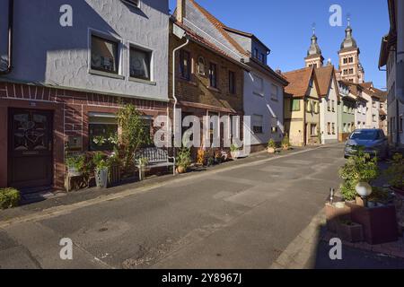 Wohnhäuser mit Blumenschmuck, Bank und den Doppeltürmen der Stiftskirche Amorbach in der Abteigasse in Amorbach, Unterfranken, Miltenberg Stockfoto