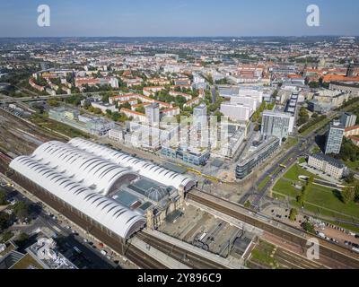 Dresden Südvorstadt Hauptbahnhof und Prager Straße, Dresden Luftaufnahme, Dresden, Sachsen, Deutschland, Europa Stockfoto