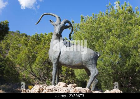 Bronzestatue eines Steinbocks in der Natur auf einer Felsenbasis unter blauem Himmel, Gegend Recreativa de Sedella, Parque Natural de las Sierras de Tejeda, Almijara und Stockfoto