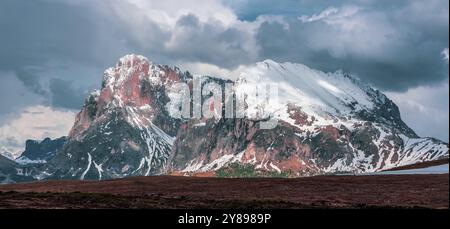 Panoramablick auf die Langkofel Gruppe von der Seiser Alm in den Dolomiten in Südtirol, Italien, Europa Stockfoto