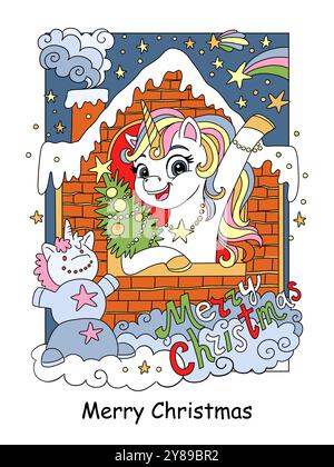 Weihnachtliches süßes Einhorn in einem gemütlichen Haus. Frohe Weihnachtsschrift. Vektor-Zeichentrick-Illustration. Neujahrskonzept. Für Buchillustrationen, Aufkleber, Pri Stock Vektor