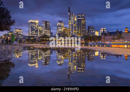 Die Frankfurter Skyline Wolken ziehen am Abend über die leuchtende Frankfurter Bankenskyline hinweg, die sich in einer Pfütze spiegelt. Frankfurt am Main Mainufer Hessen Deutschland *** die Frankfurter Skyline Wolken ziehen am Abend über die glitzernde Frankfurter Bank Skyline, reflektiert in einer Pfütze Frankfurt am Main Mainufer Hessen Deutschland 2024-10-03 ffm Skyline 02 Stockfoto