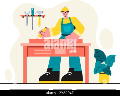Holzbearbeitung Vektor-Illustration mit modernen Handwerkern und Arbeitern, die Möbel unter Verwendung von Werkzeugen in einem flachen Cartoon-Stil Hintergrund herstellen Stock Vektor
