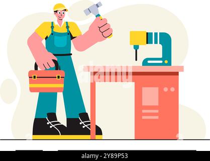 Holzbearbeitung Vektor-Illustration mit modernen Handwerkern und Arbeitern, die Möbel unter Verwendung von Werkzeugen in einem flachen Cartoon-Stil Hintergrund herstellen Stock Vektor