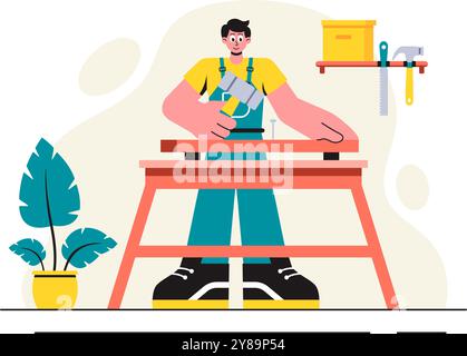 Holzbearbeitung Vektor-Illustration mit modernen Handwerkern und Arbeitern, die Möbel unter Verwendung von Werkzeugen in einem flachen Cartoon-Stil Hintergrund herstellen Stock Vektor