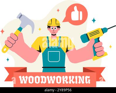 Holzbearbeitung Vektor-Illustration mit modernen Handwerkern und Arbeitern, die Möbel unter Verwendung von Werkzeugen in einem flachen Cartoon-Stil Hintergrund herstellen Stock Vektor