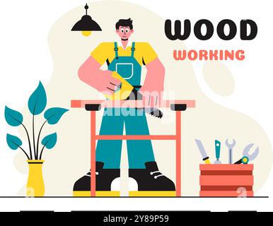 Holzbearbeitung Vektor-Illustration mit modernen Handwerkern und Arbeitern, die Möbel unter Verwendung von Werkzeugen in einem flachen Cartoon-Stil Hintergrund herstellen Stock Vektor