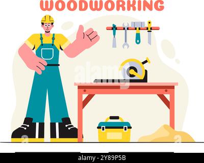 Holzbearbeitung Vektor-Illustration mit modernen Handwerkern und Arbeitern, die Möbel unter Verwendung von Werkzeugen in einem flachen Cartoon-Stil Hintergrund herstellen Stock Vektor