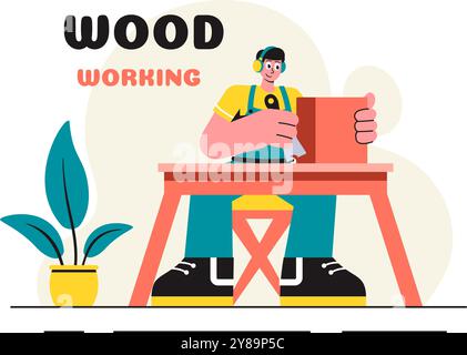 Holzbearbeitung Vektor-Illustration mit modernen Handwerkern und Arbeitern, die Möbel unter Verwendung von Werkzeugen in einem flachen Cartoon-Stil Hintergrund herstellen Stock Vektor